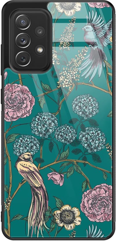 Hoesje geschikt voor Samsung Galaxy A52 5G - Vogels Japanse bloemen - Hard Case Zwart Back Cover - Print - Groen - Mooie Telefoonhoesjes