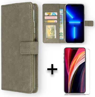 Casemania Hoesje Geschikt voor Apple iPhone 14 Grijs & Glazen Screenprotector - Portemonnee Book Case - Kaarthouder & Magneetlipje