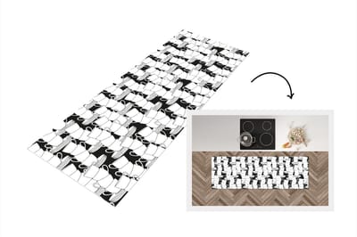 Keukenloper - Loper keuken - Patronen - Zwart wit - Kopjes - Thee - 150x50 cm - Keukenloper vinyl