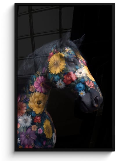 Poster in lijst - Fotolijst 80x120 cm - Posters - Paard - Bloemen - Zwart - Posterlijst zwart - Decoratie - Wanddecoratie woonkamer - Muurdecoratie slaapkamer
