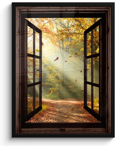 Poster in lijst - Fotolijst 50x70 cm - Posters - Bos - Bomen - Herfst - Zon - Herfstbladeren - Natuur - Doorkijk - Posterlijst zwart - Decoratie - Wanddecoratie woonkamer - Muurdecoratie slaapkamer