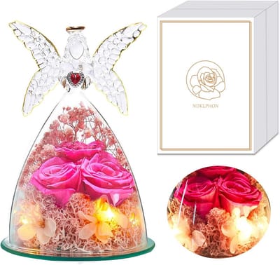 Eeuwige Roos Onder Glazen Stolp met Beschermengel en LED Verlichting - Romantisch Cadeau voor Haar