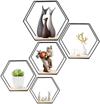 PolkaHome Zeshoekige Wandplanken Set van 5 - Zwart Metaal en Hout - Opbergplanken voor Keuken, Badkamer, Woonkamer, Slaapkamer of Kantoor - Zwevende Planken voor Planten, Boeken en Decoratie