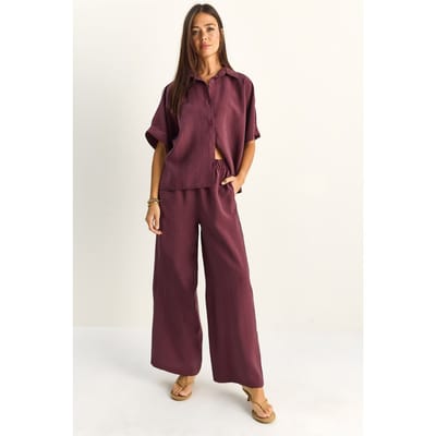 Hoge Taille Wijde Pijpen Twee-delige Co-ord Set met Shirtkraag