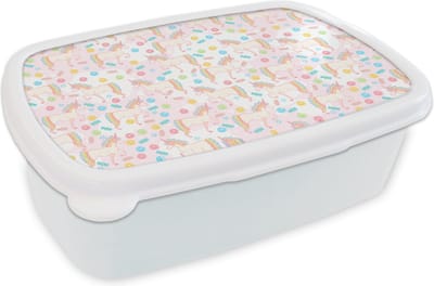 Broodtrommel Wit - Lunchbox - Brooddoos - Unicorn - Snoep - Regenboog - 18x12x6 cm - Volwassenen