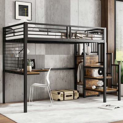 VVBV Hoogslaper 90x200 cm met L-vormig bureau en kledingkast, zijladder met leuning, ijzeren frame, kinderbed, jeugdbed, zwart