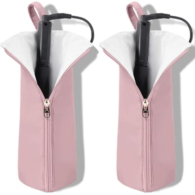 Oneay Opbergtas en hittebestendige pad voor krultang/stijltang (roze, 2-delige set) — Hittebestendige reistas voor haarstylingtools