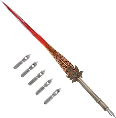 Gullor Quill Handcraft Veer Dip Pen Stuurpen Metalen Penpunt Schrijven Quill met 5 Extra Penpunten, Stijl A