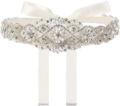 Handgemaakte Bruidsriem met Strass Steentjes en Lint - Sierlijke Sjerp voor Bruidsmeisjes en Bruidsmode Accessoires in Zilver, M