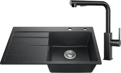 SOFETIY MAX Granieten Spoelbak 78x45CM - Spoelbakken Keuken Met Keukenkraan - Spoelbak Met Planchet en Afdruiprek - Spoelbakken Incl. Sifon en Afvoerzeefje - Zwart
