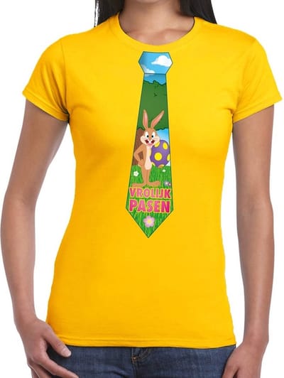 Geel Paas t-shirt met paashaas stropdas - Pasen shirt voor dames - Pasen kleding S