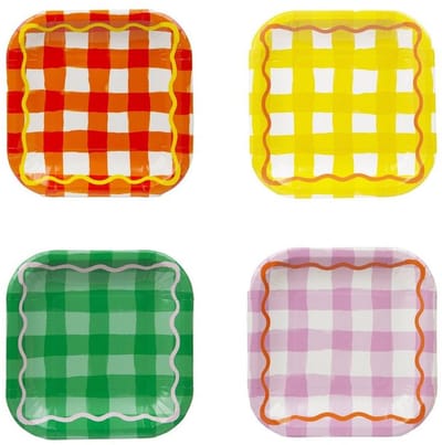 Talking Tables papieren bordjes vierkant geruit in 4 kleuren 17 cm 12 stuks