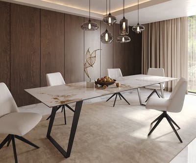 Eetkamertafel Edge keramiek Minas Melange wit-beige 300x100 metaal schuin zwart