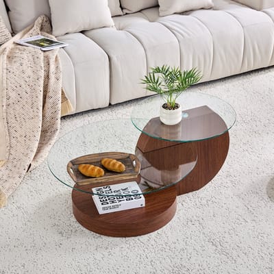 REDOM - Salontafel - 2-laags veiligheidsglas - meerlagig ontwerp met opbergruimte - MDF en glas - modern minimalistisch - Transparant en Walnootkleur - 78,5 x 78,5 x 24,5 cm