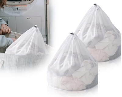 Dailygoods- Wasnet Set van 2 - 50 x 60 cm - Herbruikbaar - Dichte Mesh - Koordsluiting - Bescherming voor Kleding - Waszak