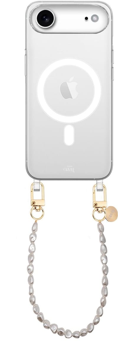 xoxo Wildhearts magnetisch hoesje geschikt voor iPhone 17 Air MagSafe - Pearlfection - Transparant telefoonhoesje met koord - Telefoonkoord met parels - Parelketting - Kort koord