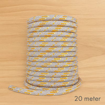 Sterk gevlochten touw Premium editie 20 meter – 7 mm dik – duurzaam nylon/polyester – grijs/gele kleur met oranje detail – ideaal voor hobby, camping, tuin en lichte toepassingen