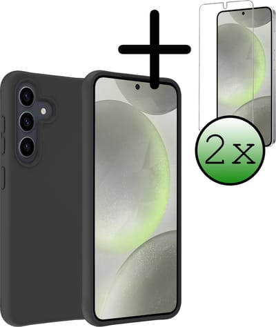 Hoesje Met 2x Screenprotector - Geschikt voor Samsung Galaxy S24 - Sterk & Shockproof - Back Cover - Siliconen Case - Telefoon Hoes - Zwart