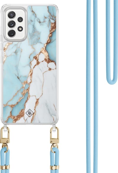 Casimoda® hoesje met koord - Geschikt voor Samsung A52(s) - Marmer Lichtblauw - Afneembaar koord - TPU/polycarbonaat - Blauw