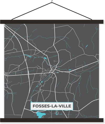 Posterhanger incl. Poster 60x60 cm - Schoolplaat - Plattegrond – Fosses la Ville – Blauw – Stadskaart - Kaart - Textielposter - Zwarte latten - Stadskaart