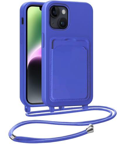 Hoesje Geschikt voor iPhone 13 Hoesje Met Telefoonkoord en Pasjeshouder Siliconen - Hoes Geschikt voor iPhone 13 Hoesje Met Kaarthouder Case - Felblauw