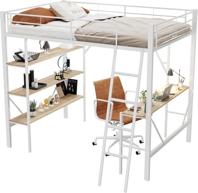 REDOM Bedframe 90x200 cm – Hoogslaper met bureau & 3 opbergrekken – Metaal/MDF – Wit