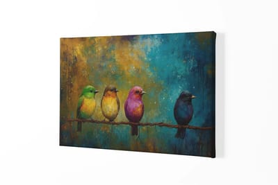 Canvas Schilderij - Vogels op in rij - Kleurrijke Wall Art - 60x40x2 cm