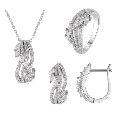 925 Zilveren Sieradenset met Zirkoon – Luxe Golvend Design - Ringmaat 16