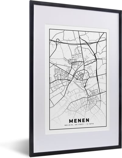 Fotolijst incl. Poster Zwart Wit- België – Menen – Stadskaart – Kaart – Zwart Wit – Plattegrond - 40x60 cm - Posterlijst