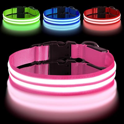 Oplaadbare lichtgevende halsband voor honden, dubbele lichtstrip voor honden, met type C-poort, verstelbare led-hondenhalsband, waterdicht, voor kleine, middelgrote en grote honden (S, roze)