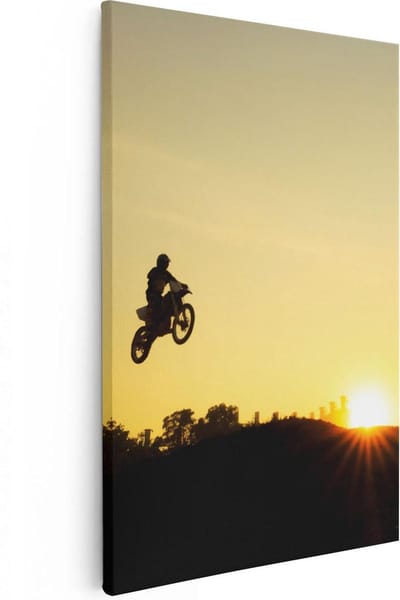 Artaza Canvas Schilderij Motor Sprong - 20x30 cm - Klein - Wanddecoratie Zon - Muurdecoratie Motorcross - Kamer Accessoires Silhouet