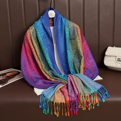 Couleurs Arc-en-Ciel Hiver Chaud Épais Style Ethnique Écharpe Jacquard Femmes Voyage Musulman Hijab Cachemire Pompon Châle Wrap Pashmina 70x190cm blue
