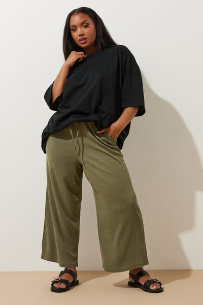 Yours Culottebroek Met Textuur En Elastische Taille In Kakigroen Size 42