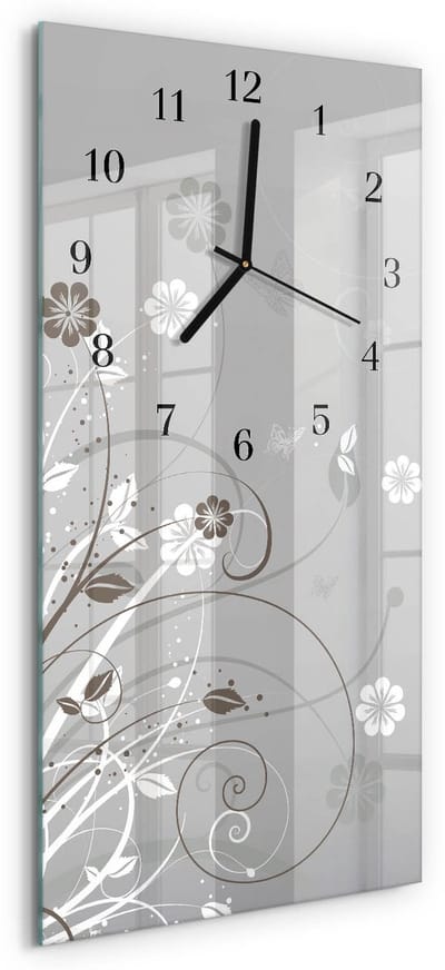 Tulup Wandklok - Bloemen Wandklok Glas Decoratie - 30x60 cm - Grijs Gekleurde Glazen Klok - Zwarte Handen - Rechthoekige Wandklok - Gekleurde Glazen Klok - Glazen Klok Met Print