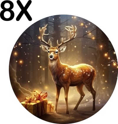 Luxe Ronde Placemat - Kerst - Hert - Cadeau - Kado - Lichtjes - Bos - Set van 8 Placemats - 50x50 cm - 2 mm dik Vinyl - Anti Slip - Afneembaar