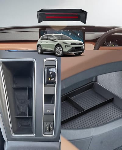 Center Console Opbergbox Organizer voor Skoda Enyaq RS 2021-2026 met Onderste Planken en Display Accessoires - 4 Stuks voor Efficiënte Ruimtebesparing en Organisatie