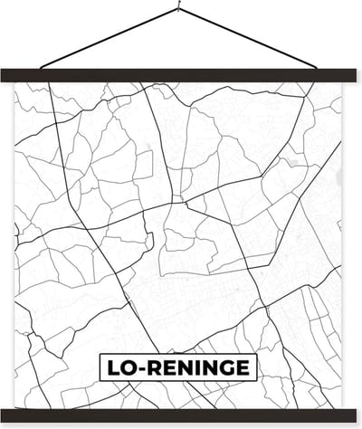 Posterhanger incl. Poster 60x60 cm - Schoolplaat - België – Lo Reninge – Stadskaart – Kaart – Zwart Wit – Plattegrond - Textielposter - Zwarte latten - Stadskaart