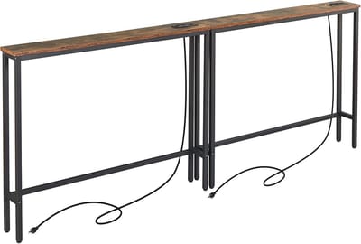 Smalle consoletafel 2 stuks met power-outlets en verstelbare poten - Rustiek bruin