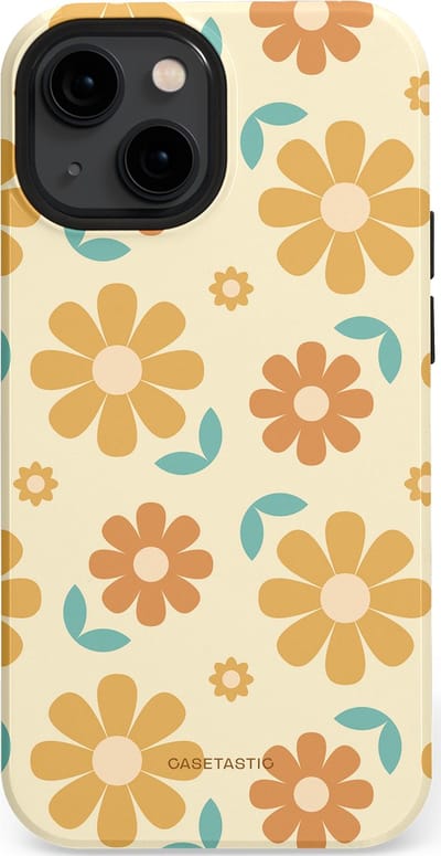 Casetastic hoesje geschikt voor Apple iPhone 13 mini - MagSafe - Dubbellaagse bescherming - Flower power Retro Bloemen - Geel - Oranje - Blauw - Fashion Case - Crème Goud Perzik