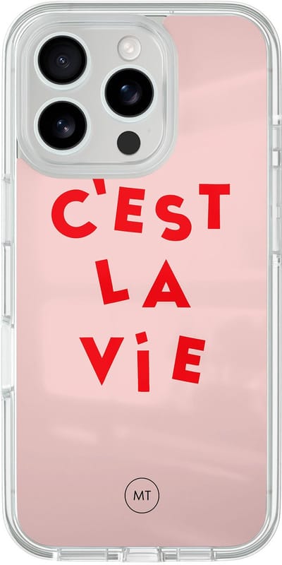 Hybride hoesje geschikt voor iPhone 16 Pro - C'est la vie - Extra bescherming - Luxe beschermhoes - TPU case - Transparant, Roze - Mooie Telefoonhoesjes