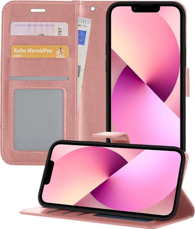 Hoesje - Met Pasjeshouder - Geschikt voor Apple iPhone 13 Mini - Luxe Bookcase Portemonee - Flip Case - Kunstleer Book Case - Flipcase - Book Cover - Walletcase - Portemonneehoes - Telefoonhoesjes - Rosé goud