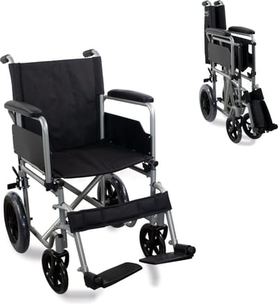 Mobiclinic Marsella Rolstoel - Vouwrolstoel - Wielen met snelsluiting en drukknop - Stevig - Zitting 46cm - Inklapbare voetsteun en armleuningen - Remhendel - Inklapbaar - Kleine wielen