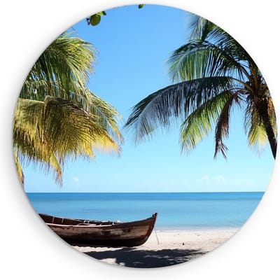 Saammp Muurcirkel Hout - Boot op het zand - strand en zee - Tropisch - Ø 90 - Wandcirkel - Wanddecoratie Cirkel - muurdecoratie Woonkamer - Slaapkamer decoratie - Rond Schilderij