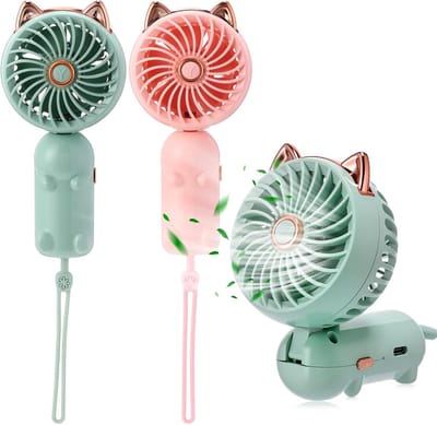 2-delige mini-handventilator, USB-oplaadbaar, draagbare ventilator, 3 windsnelheden, 180° verstelbaar en opvouwbaar, schattig roze en groen kattenoortjesdesign, geschikt voor reizen en kamperen (groen en roze)