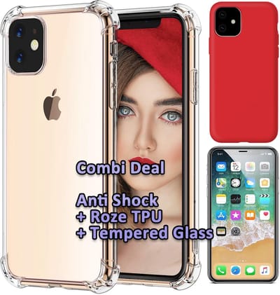 HB Hoesje Geschikt voor Apple iPhone 11 - Combi Deal - Anti Shock Back Cover Transparant - Back Cover Rood / Glazen Screenprotector