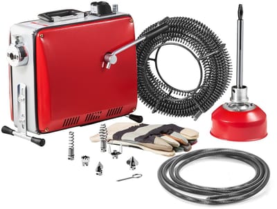 Elektrische afvoerontstopper - Rioolontstopper - Motor 390 W, 1400 tpm - Veerkabels 12 m x 16 mm & 8 m x 9,5 mm - Flexibele veer 4,5 m x 16 mm - Zes snijmessen - Voor Ø 50–110 mm