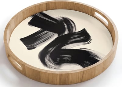 Dienblad rond 40x40 cm - Schootdienblad hout - Strepen - Zwart - Abstract - Borrelplank rechthoek - Plateau houten dienbladen