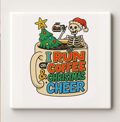 I Run on Coffee and Christmas Cheer Tegel 15x15cm – Grappige Skeletten Kerst Wanddecoratie, Feestelijk Cadeau voor Koffieliefhebbers