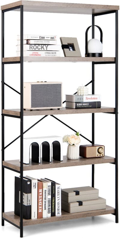 COSTWAY Boekenkast met 5 niveaus, staand rek met metalen frame, vrijstaand rek, kantoorrek voor woonkamer, slaapkamer, werkkamer, 79 x 35 x 160 cm, industrieel design (reizen)