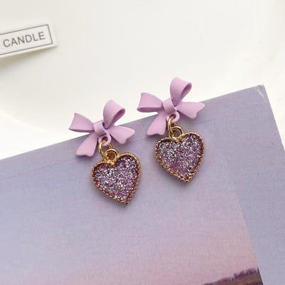 Glanzende Hars Strass Hart Drop Oorbellen voor Vrouwen Elegante Paarse Uitgesneden Strik Knoop Hangende Oorbellen Schattige Zoete Sieraden Cadeau gray